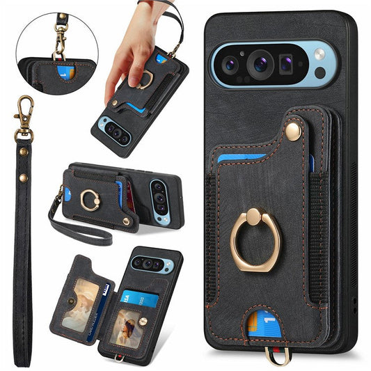 For Google Pixel 9 Pro XL Case RFID Blocking Handbag Leather+TPU Phone Cover Card Slots, Ring Holder - Black