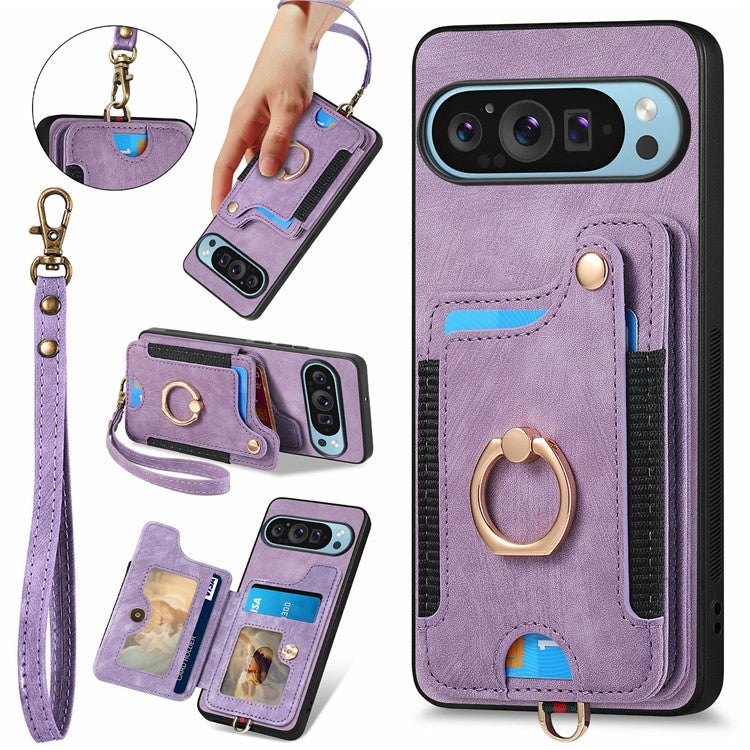 For Google Pixel 9 Pro XL Case RFID Blocking Handbag Leather+TPU Phone Cover Card Slots, Ring Holder - Purple