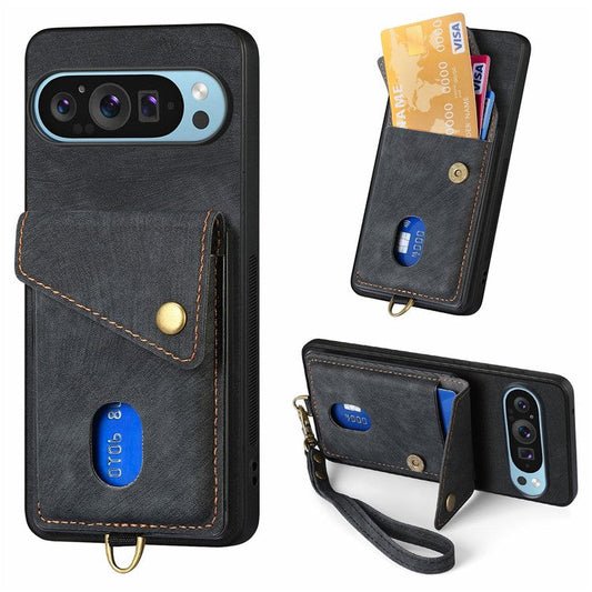 For Google Pixel 9 Pro XL Case with Card Slot Kickstand Leather TPU Phone Cover - Black