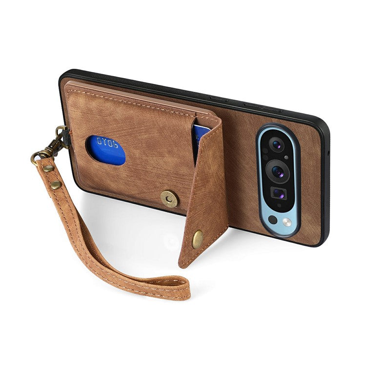 For Google Pixel 9 Pro XL Case with Card Slot Kickstand Leather TPU Phone Cover - Brown