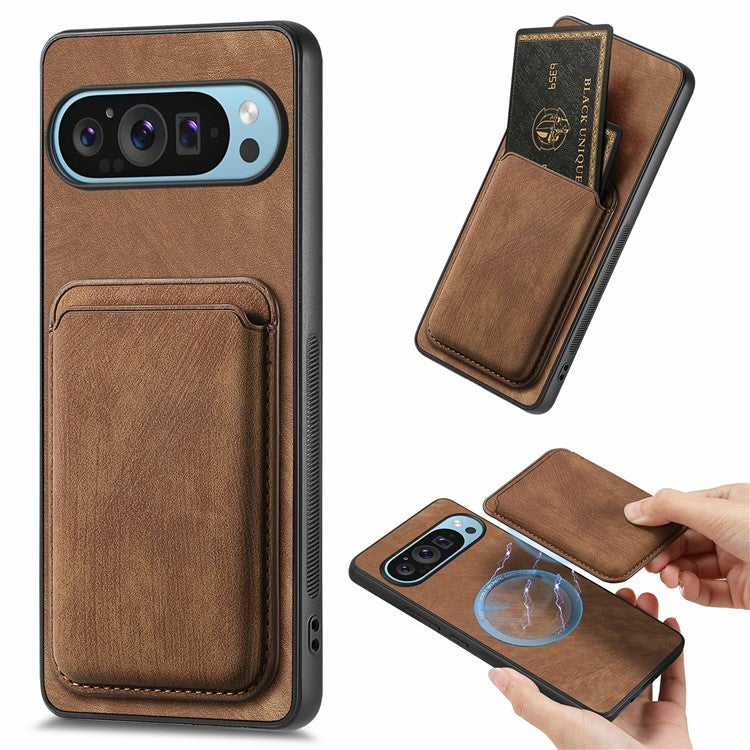 For Google Pixel 9 Pro XL Case Leather+TPU Retro Phone Cover with Detachable Card Slot - Brown