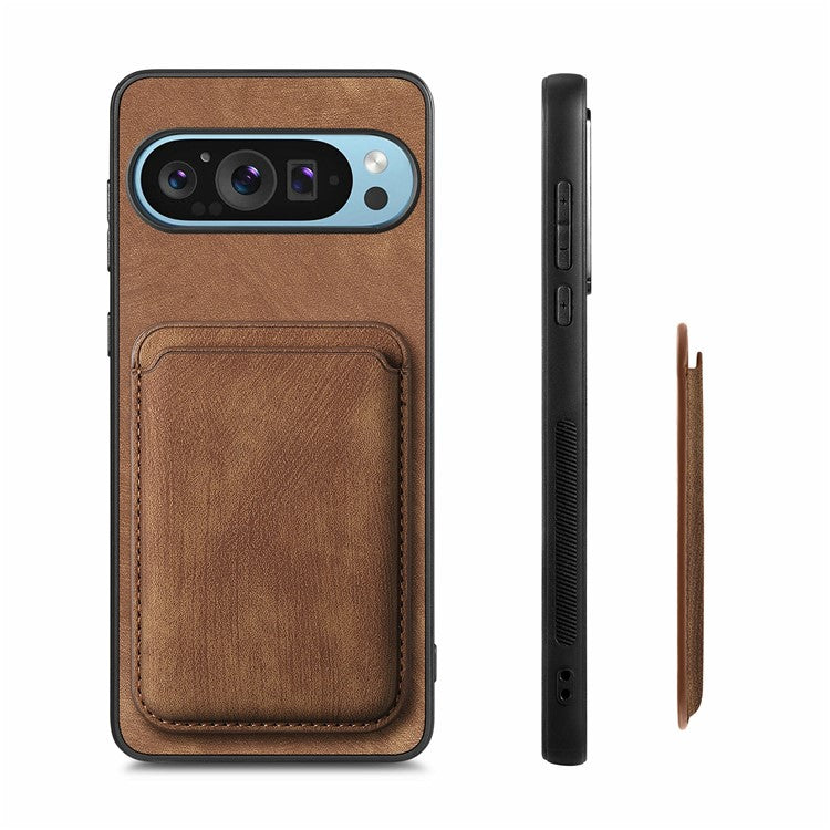 For Google Pixel 9 Pro XL Case Leather+TPU Retro Phone Cover with Detachable Card Slot - Brown