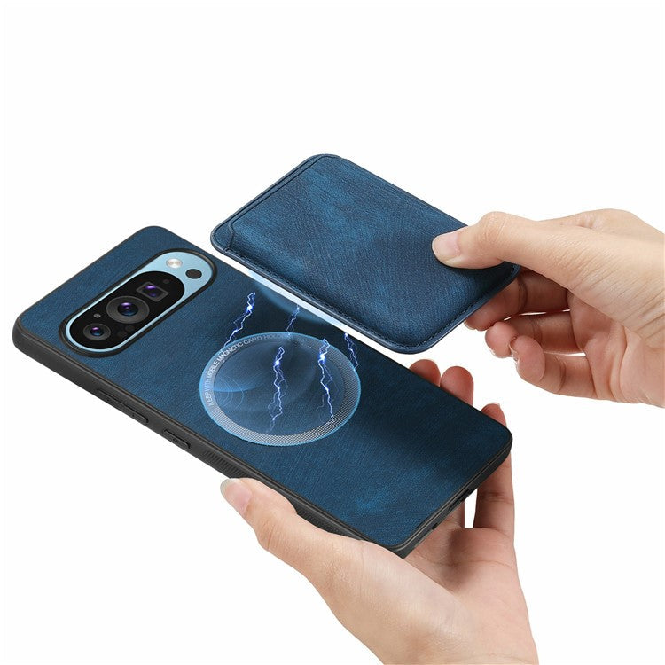 For Google Pixel 9 Pro XL Case Leather+TPU Retro Phone Cover with Detachable Card Slot - Blue