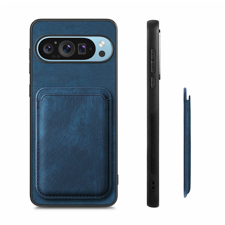 For Google Pixel 9 Pro XL Case Leather+TPU Retro Phone Cover with Detachable Card Slot - Blue