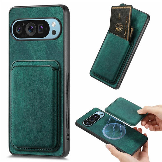For Google Pixel 9 Pro XL Case Leather+TPU Retro Phone Cover with Detachable Card Slot - Green
