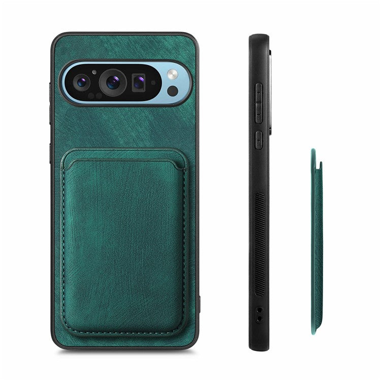 For Google Pixel 9 Pro XL Case Leather+TPU Retro Phone Cover with Detachable Card Slot - Green