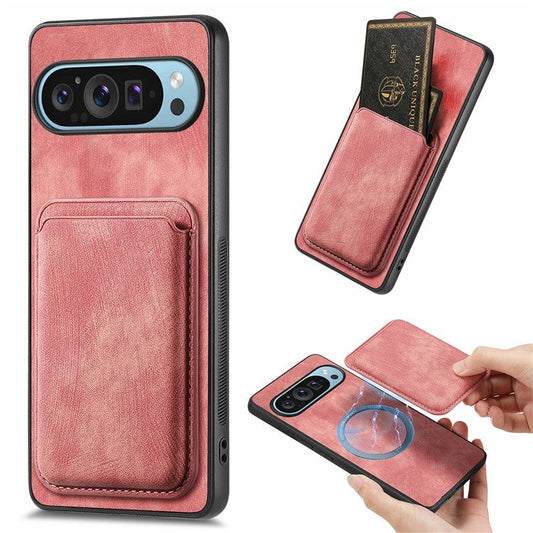 For Google Pixel 9 Pro XL Case Leather+TPU Retro Phone Cover with Detachable Card Slot - Pink