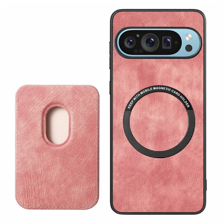 For Google Pixel 9 Pro XL Case Leather+TPU Retro Phone Cover with Detachable Card Slot - Pink