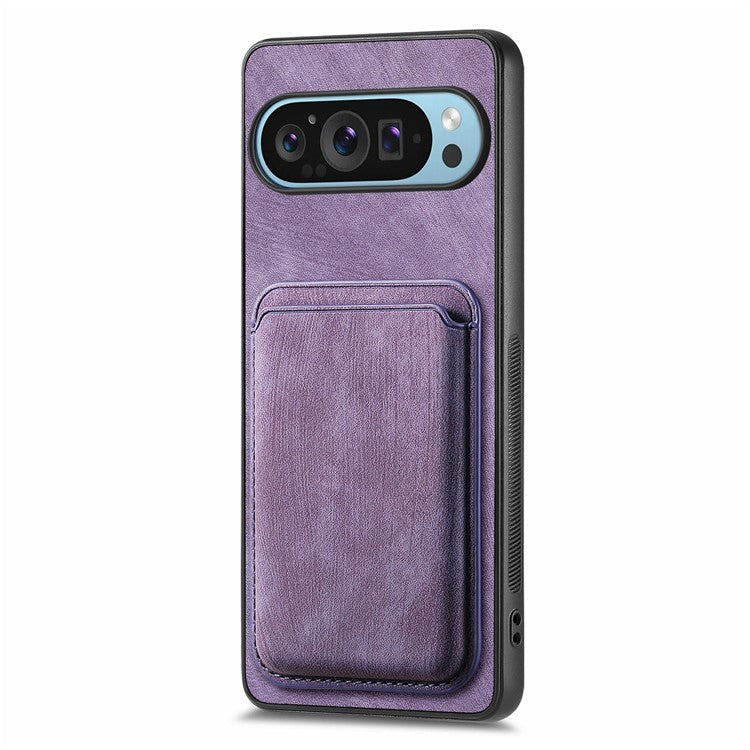 For Google Pixel 9 Pro XL Case Leather+TPU Retro Phone Cover with Detachable Card Slot - Purple