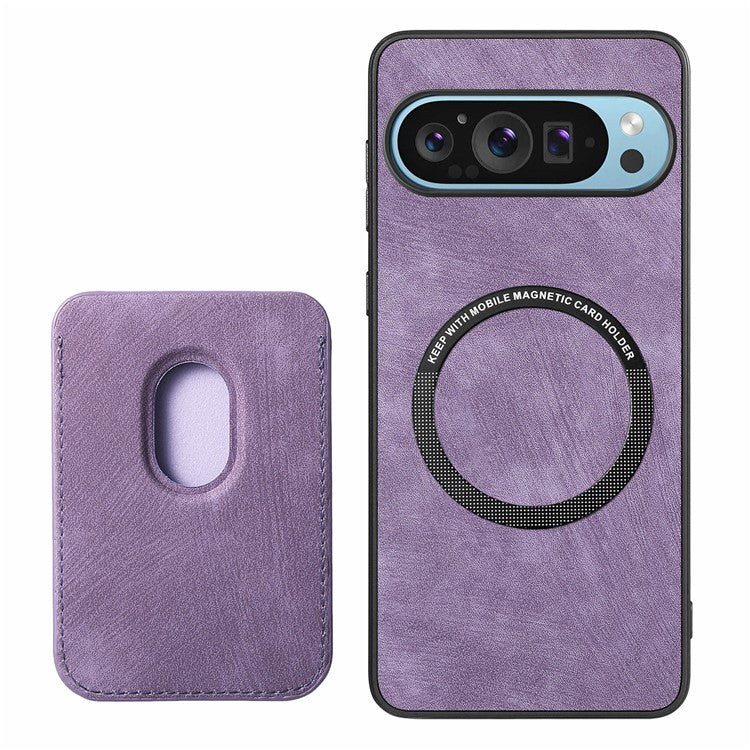 For Google Pixel 9 Pro XL Case Leather+TPU Retro Phone Cover with Detachable Card Slot - Purple