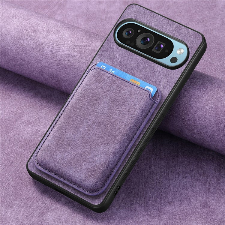 For Google Pixel 9 Pro XL Case Leather+TPU Retro Phone Cover with Detachable Card Slot - Purple