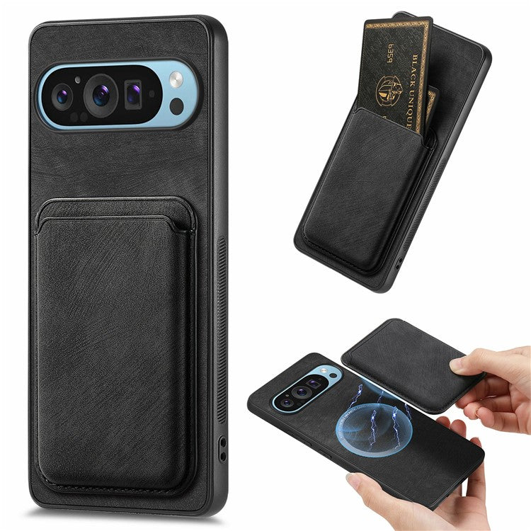 For Google Pixel 9 Pro XL Case Leather+TPU Retro Phone Cover with Detachable Card Slot - Black