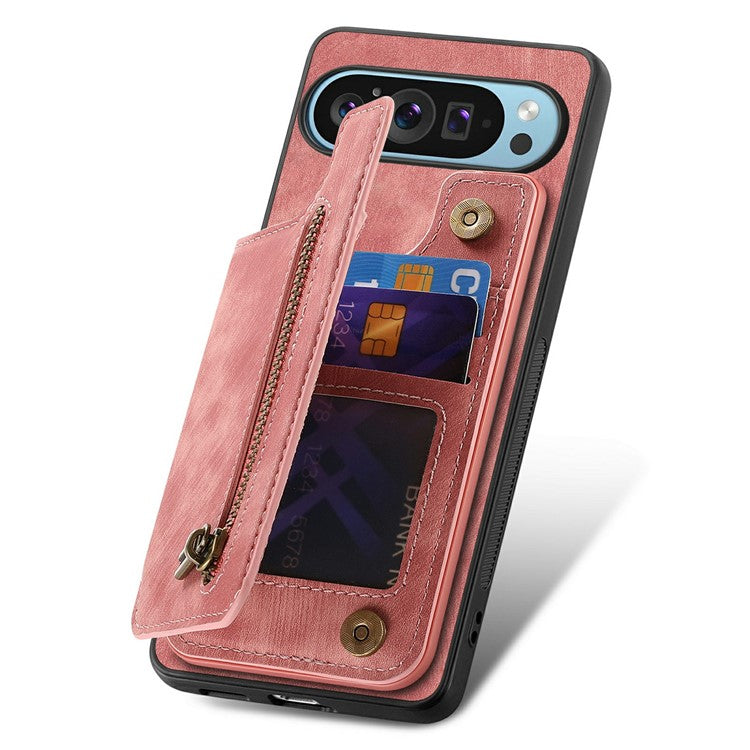 For Google Pixel 9 Pro XL Case with Card Holder Retro Leather+TPU Zipper Phone Cover - Pink