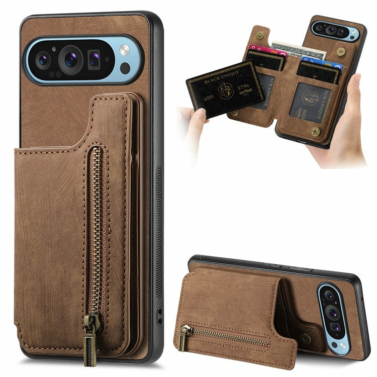 For Google Pixel 9 Pro XL Case with Card Holder Retro Leather+TPU Zipper Phone Cover - Brown