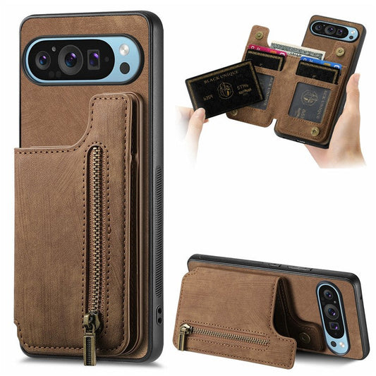 For Google Pixel 9 Pro XL Case with Card Holder Retro Leather+TPU Zipper Phone Cover - Brown