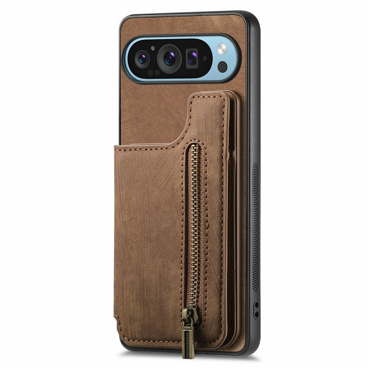 For Google Pixel 9 Pro XL Case with Card Holder Retro Leather+TPU Zipper Phone Cover - Brown