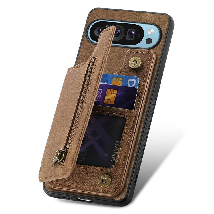 For Google Pixel 9 Pro XL Case with Card Holder Retro Leather+TPU Zipper Phone Cover - Brown
