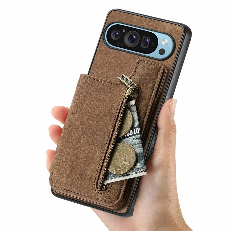 For Google Pixel 9 Pro XL Case with Card Holder Retro Leather+TPU Zipper Phone Cover - Brown