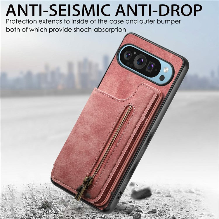 For Google Pixel 9 Pro XL Case with Card Holder Retro Leather+TPU Zipper Phone Cover - Brown