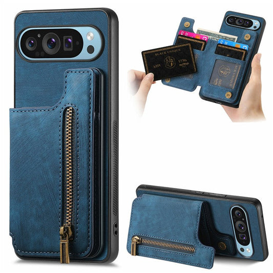 For Google Pixel 9 Pro XL Case with Card Holder Retro Leather+TPU Zipper Phone Cover - Blue