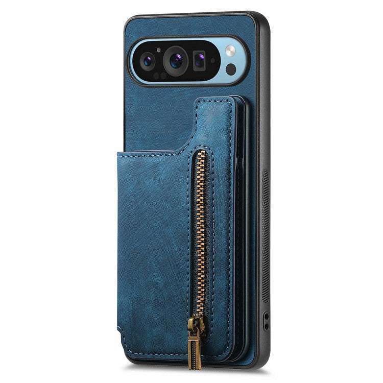 For Google Pixel 9 Pro XL Case with Card Holder Retro Leather+TPU Zipper Phone Cover - Blue