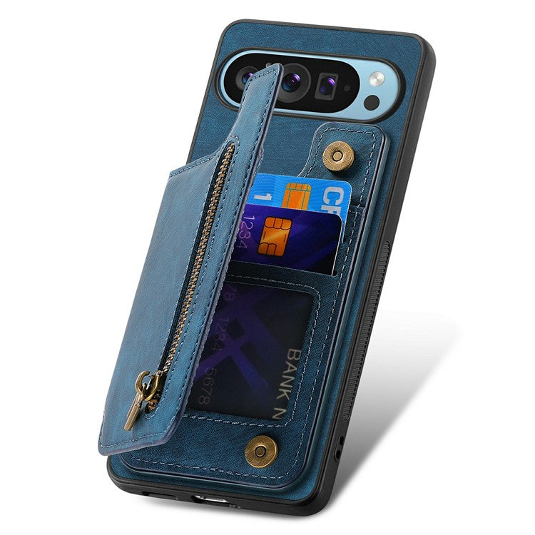 For Google Pixel 9 Pro XL Case with Card Holder Retro Leather+TPU Zipper Phone Cover - Blue