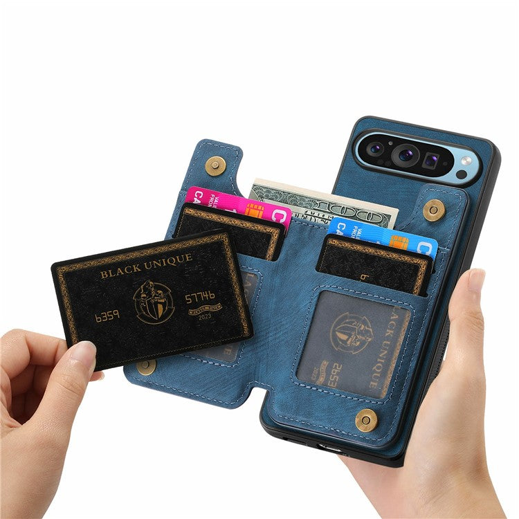 For Google Pixel 9 Pro XL Case with Card Holder Retro Leather+TPU Zipper Phone Cover - Blue