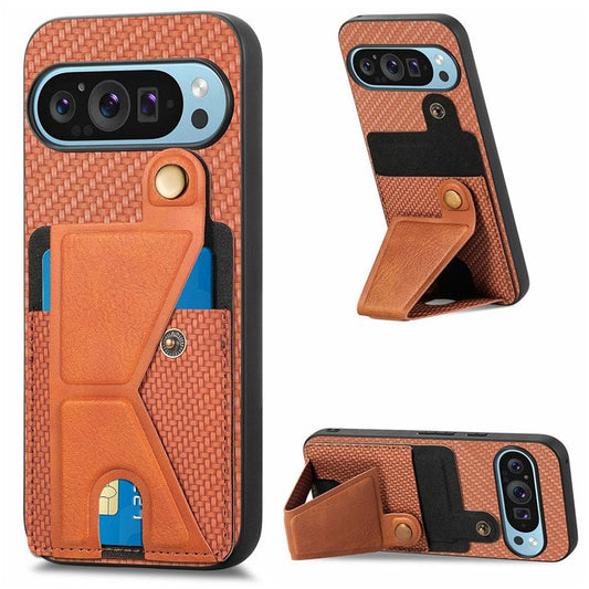 For Google Pixel 9 Pro XL Case K-Shaped Kickstand Leather+PC+TPU Phone Cover - Brown