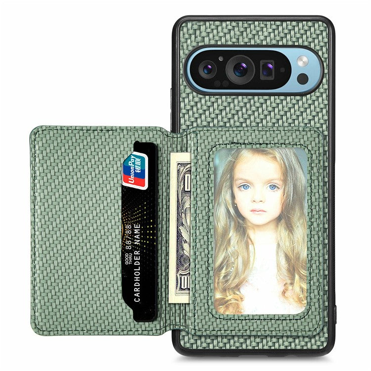 For Google Pixel 9 Pro XL Case RFID Blocking Card Holder Carbon Fiber Leather+PC+TPU Phone Cover - Green