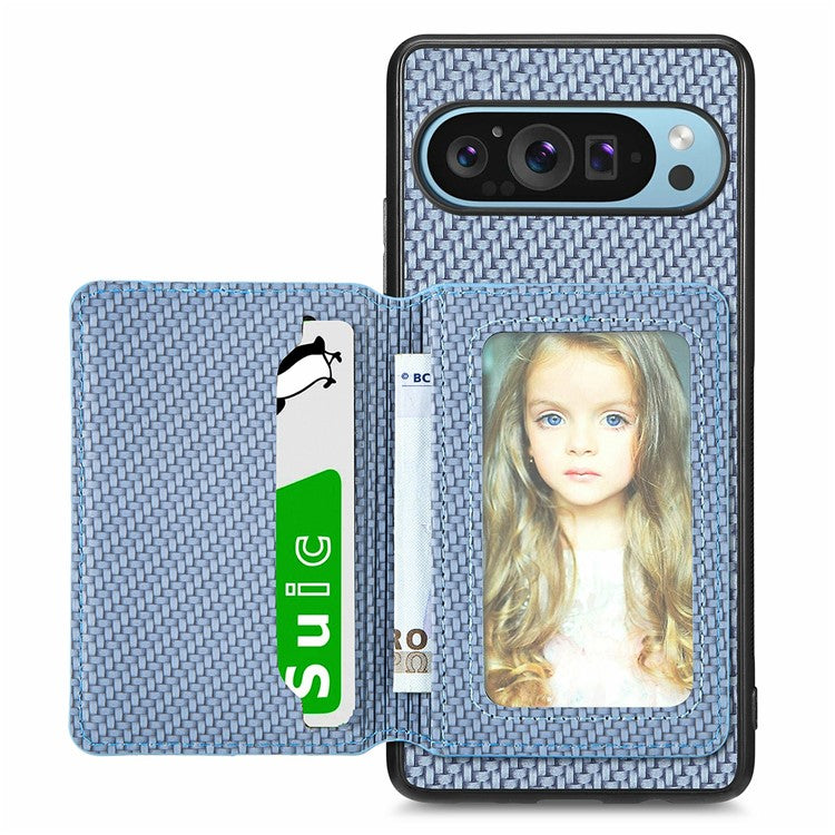 For Google Pixel 9 Pro XL Case RFID Blocking Card Holder Carbon Fiber Leather+PC+TPU Phone Cover - Blue
