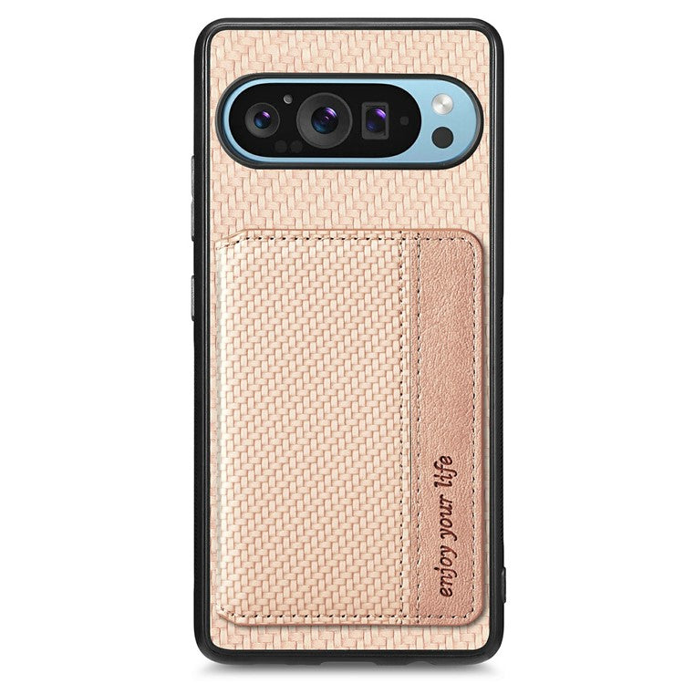 For Google Pixel 9 Pro XL Case RFID Blocking Card Holder Carbon Fiber Leather+PC+TPU Phone Cover - Apricot