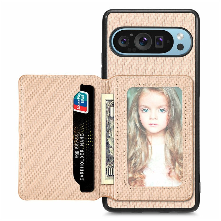 For Google Pixel 9 Pro XL Case RFID Blocking Card Holder Carbon Fiber Leather+PC+TPU Phone Cover - Apricot