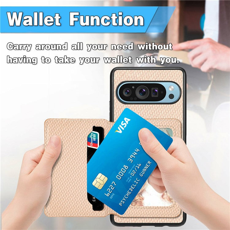 For Google Pixel 9 Pro XL Case RFID Blocking Card Holder Carbon Fiber Leather+PC+TPU Phone Cover - Brown