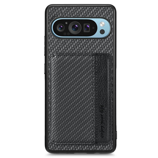 For Google Pixel 9 Pro XL Case RFID Blocking Card Holder Carbon Fiber Leather+PC+TPU Phone Cover - Black