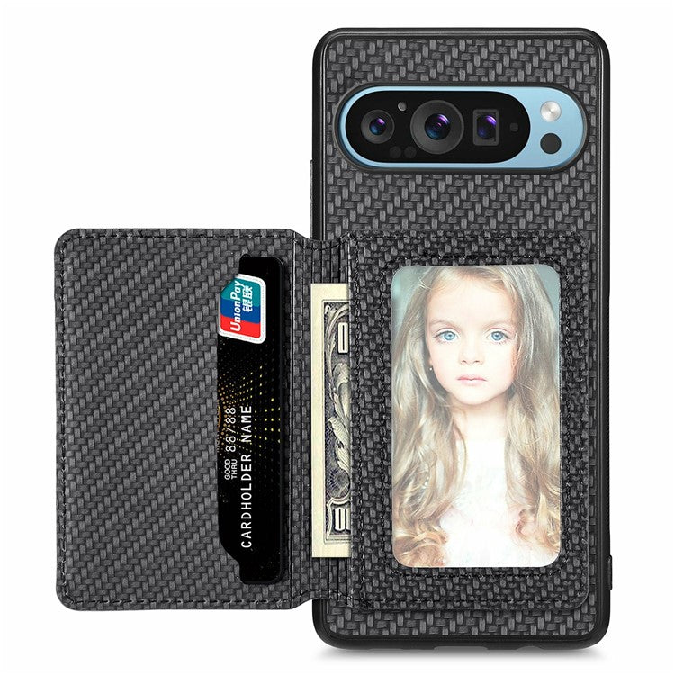 For Google Pixel 9 Pro XL Case RFID Blocking Card Holder Carbon Fiber Leather+PC+TPU Phone Cover - Black