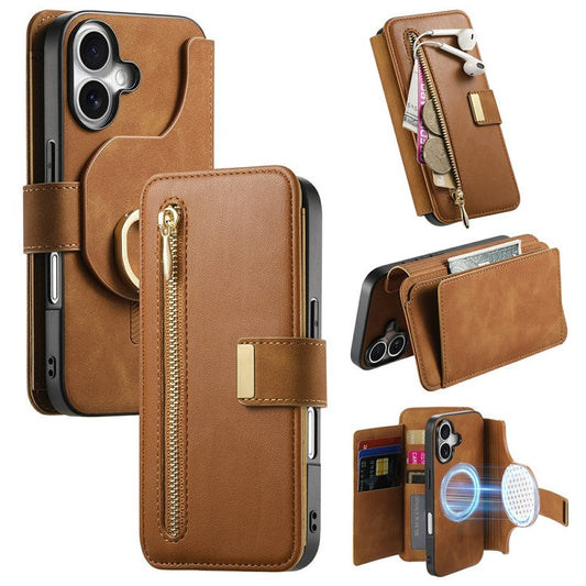 For iPhone 16 Case Detachable Magnetic Leather Wallet Phone Cover RFID Blocking - Brown