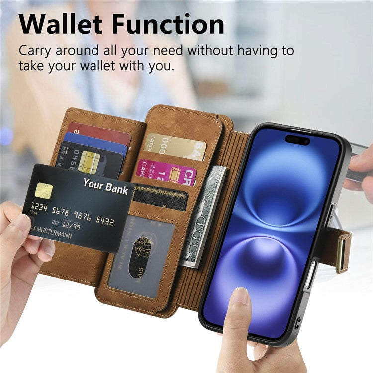 For iPhone 16 Case Detachable Magnetic Leather Wallet Phone Cover RFID Blocking - Brown