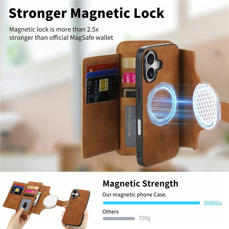 For iPhone 16 Case Detachable Magnetic Leather Wallet Phone Cover RFID Blocking - Brown
