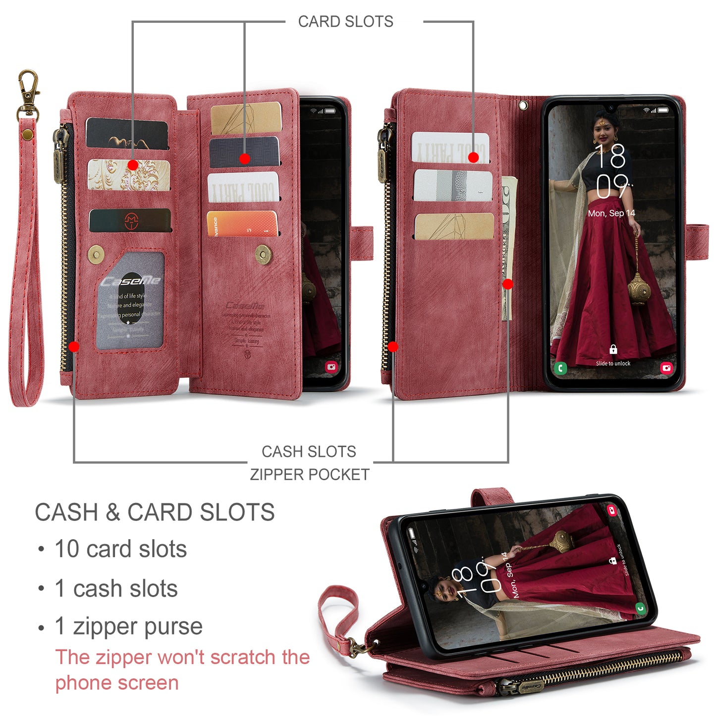 For Samsung Galaxy A16 5G / A16 4G Case CASEME C30 Series PU Leather 10 Card Slots Wallet Phone Cover - Red
