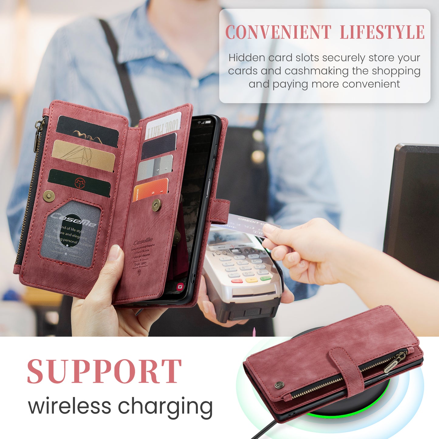 For Samsung Galaxy A16 5G / A16 4G Case CASEME C30 Series PU Leather 10 Card Slots Wallet Phone Cover - Red