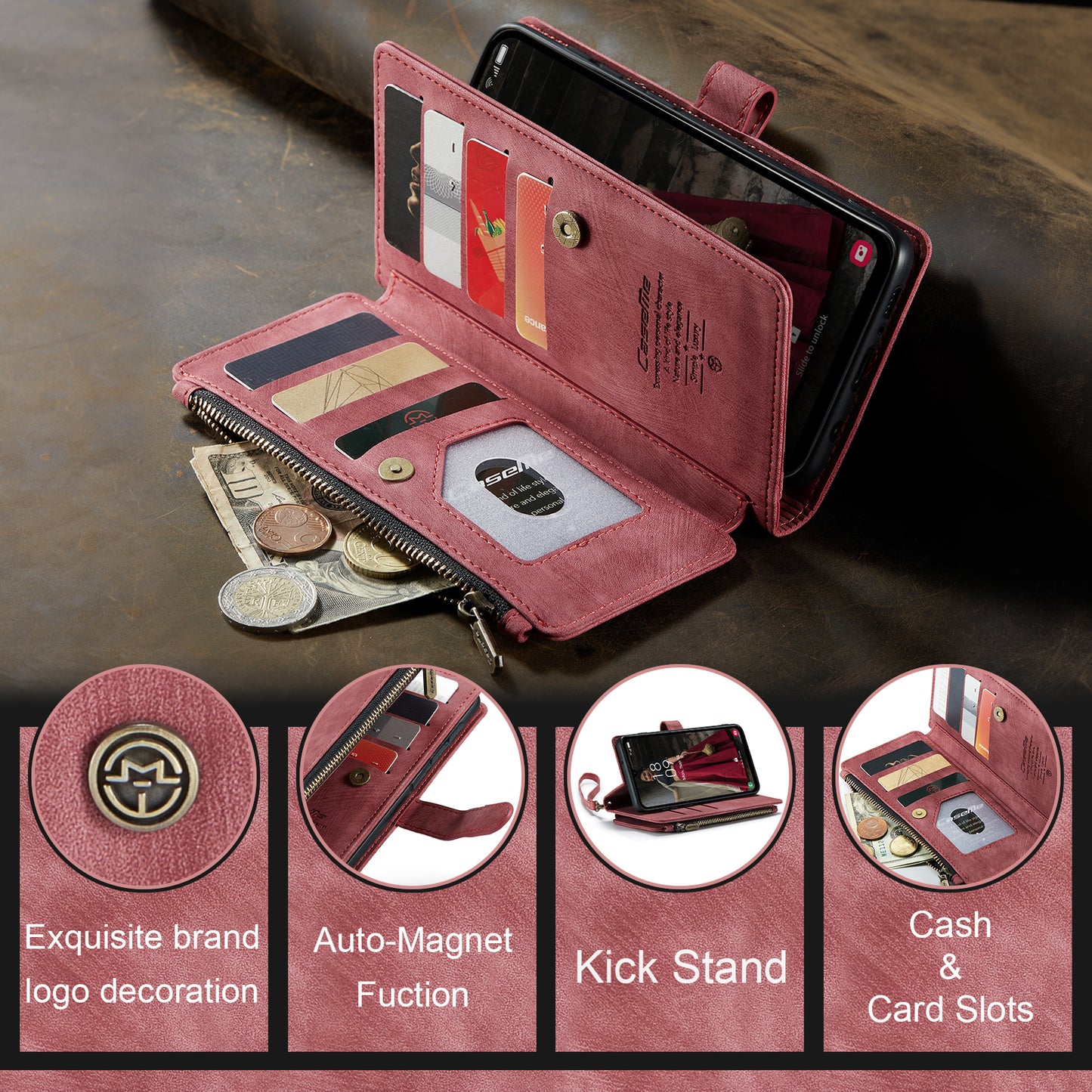 For Samsung Galaxy A16 5G / A16 4G Case CASEME C30 Series PU Leather 10 Card Slots Wallet Phone Cover - Red