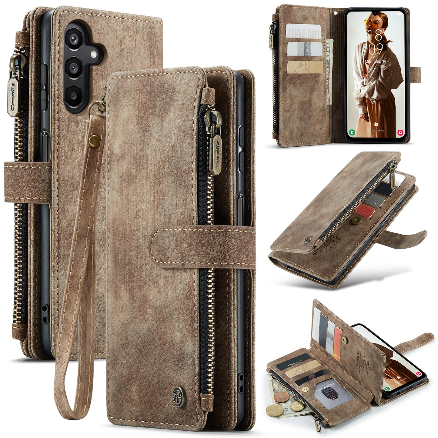 For Samsung Galaxy A16 5G / A16 4G Case CASEME C30 Series PU Leather 10 Card Slots Wallet Phone Cover - Brown