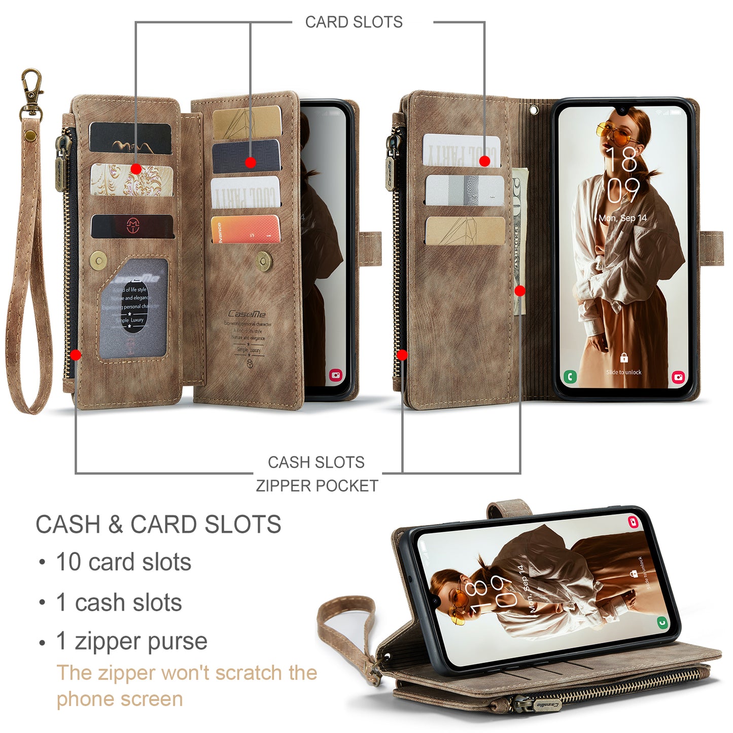 For Samsung Galaxy A16 5G / A16 4G Case CASEME C30 Series PU Leather 10 Card Slots Wallet Phone Cover - Brown