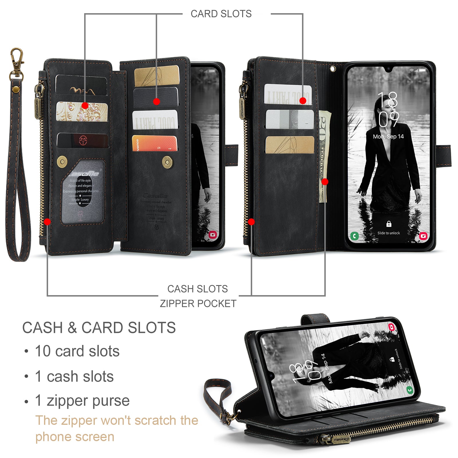 For Samsung Galaxy A16 5G / A16 4G Case CASEME C30 Series PU Leather 10 Card Slots Wallet Phone Cover - Black