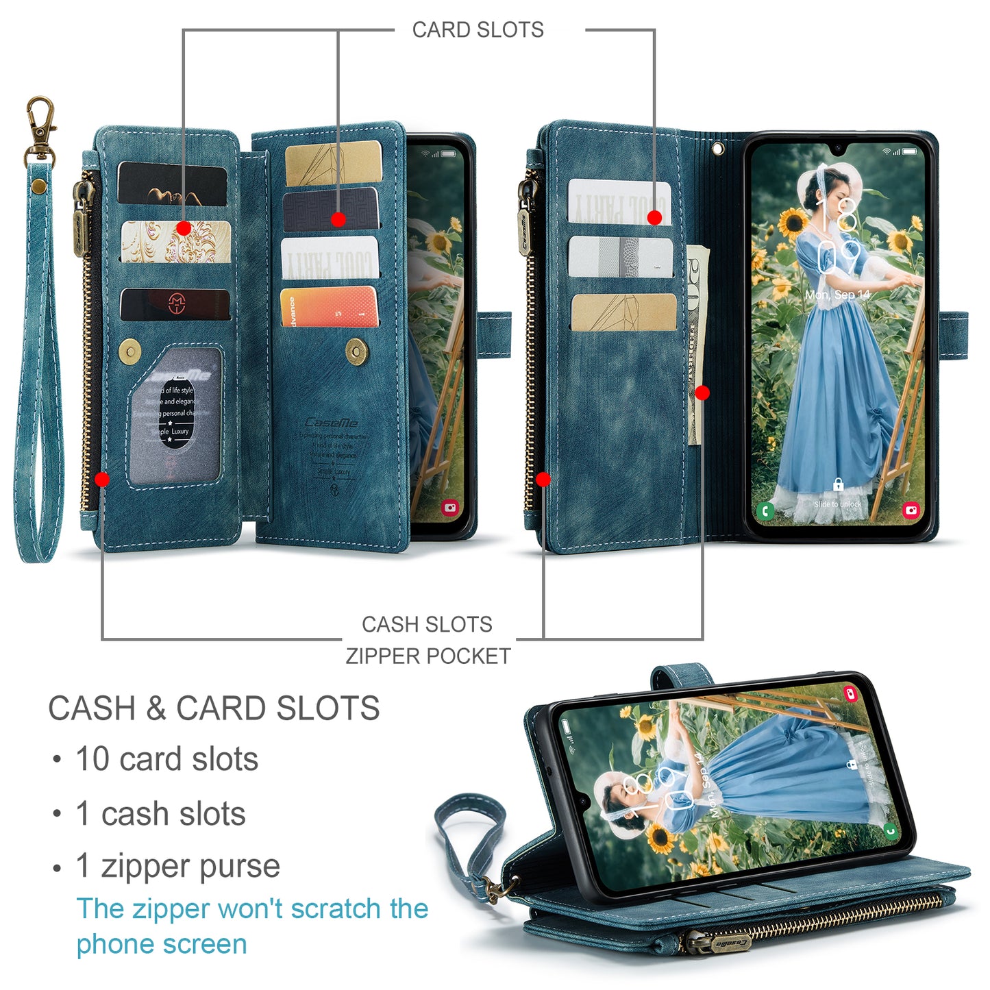 For Samsung Galaxy A16 5G / A16 4G Case CASEME C30 Series PU Leather 10 Card Slots Wallet Phone Cover - Blue