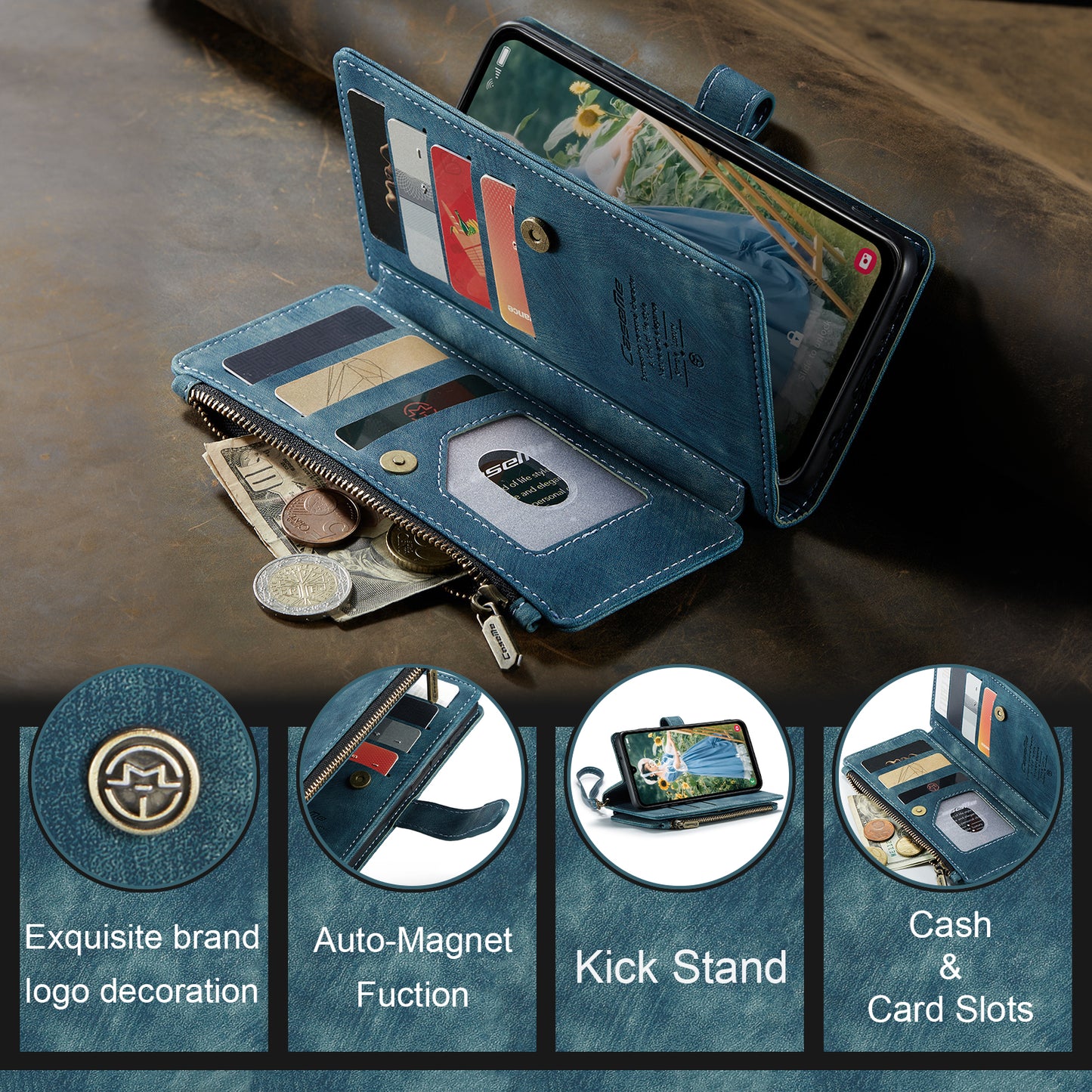 For Samsung Galaxy A16 5G / A16 4G Case CASEME C30 Series PU Leather 10 Card Slots Wallet Phone Cover - Blue