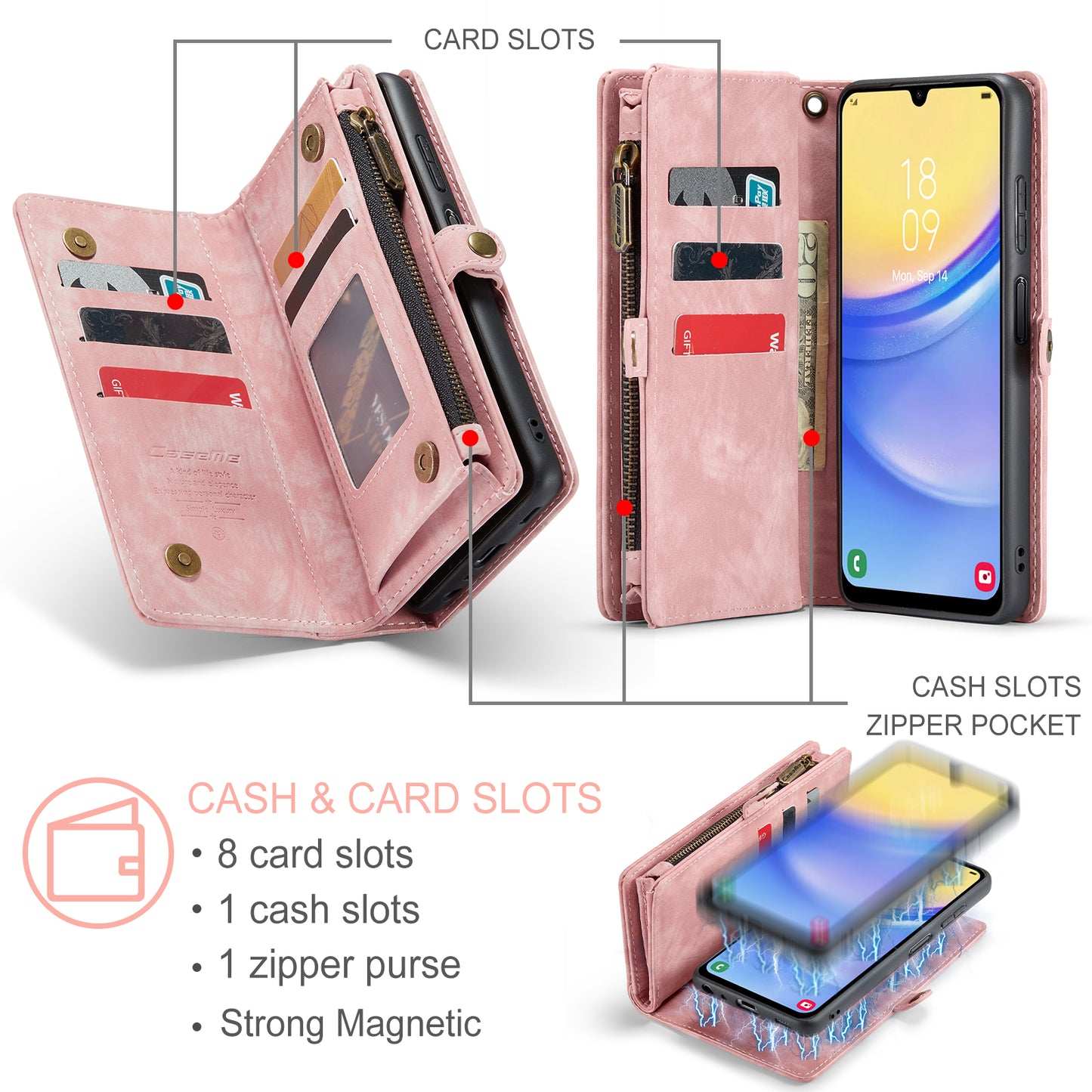 For Samsung Galaxy A16 5G / A16 4G Case CASEME 008 Series Detachable Leather Zipper Wallet Phone Cover - Pink