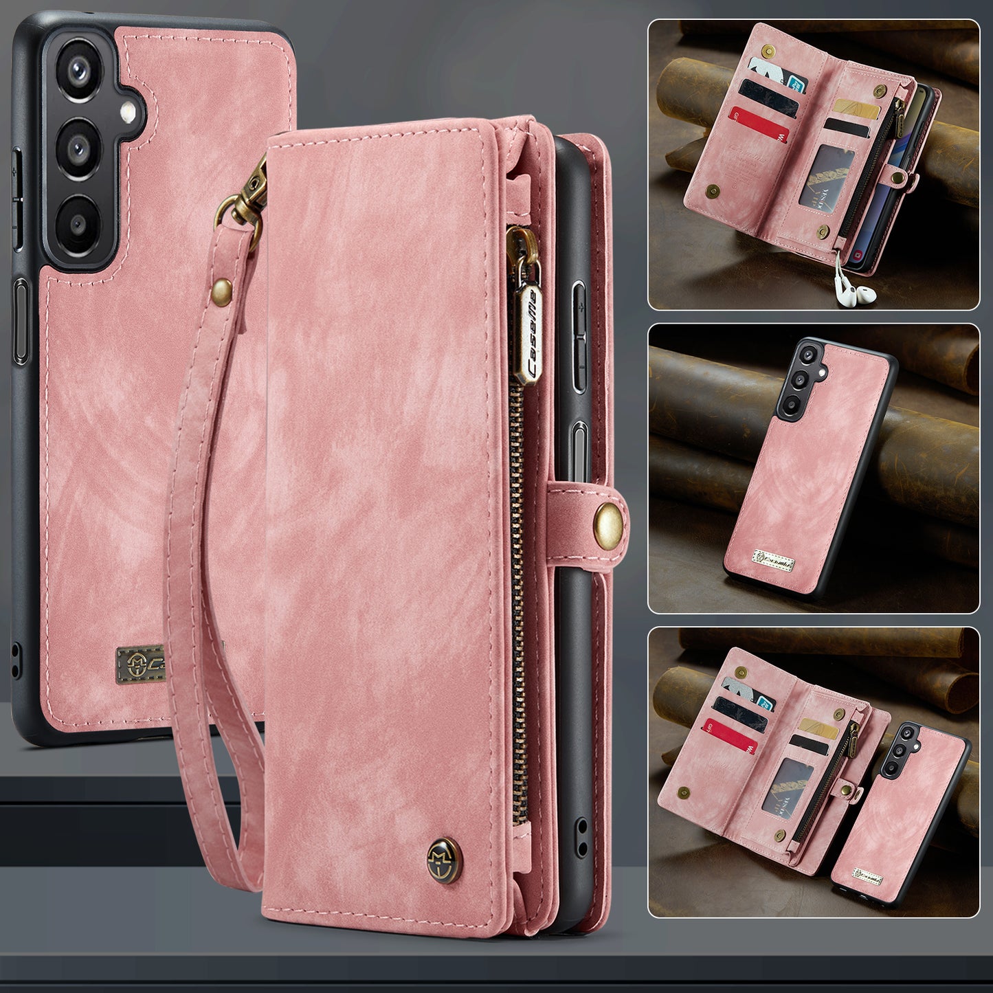For Samsung Galaxy A16 5G / A16 4G Case CASEME 008 Series Detachable Leather Zipper Wallet Phone Cover - Pink