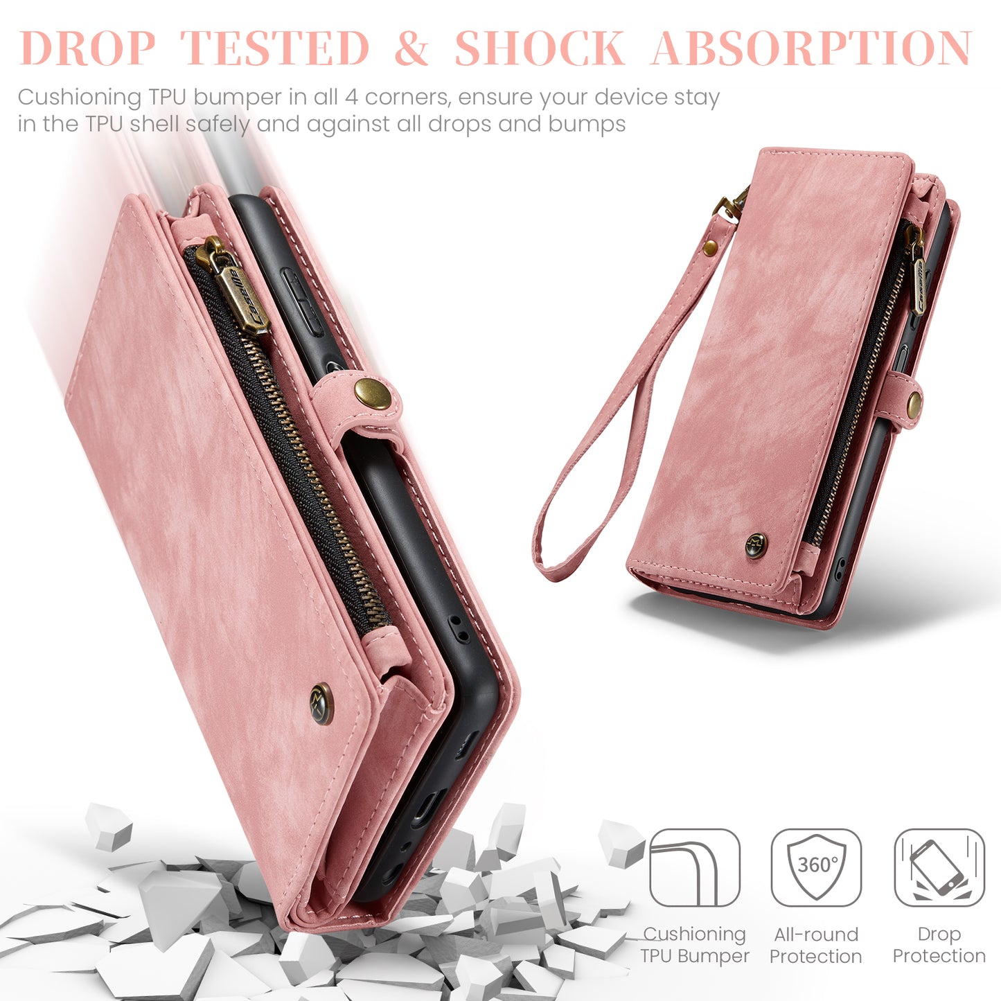 For Samsung Galaxy A16 5G / A16 4G Case CASEME 008 Series Detachable Leather Zipper Wallet Phone Cover - Pink