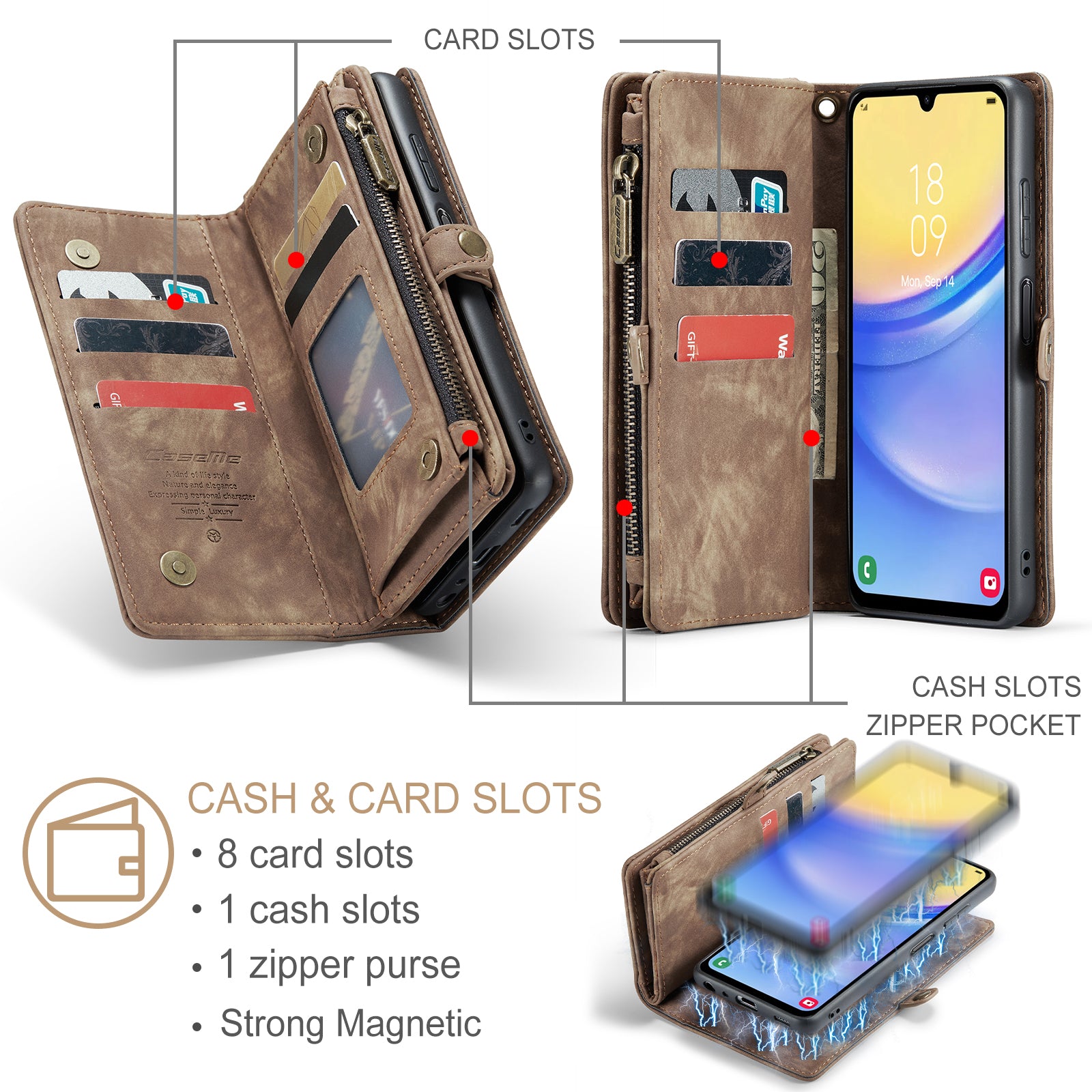 For Samsung Galaxy A16 5G / A16 4G Case CASEME 008 Series Detachable Leather Zipper Wallet Phone Cover - Brown